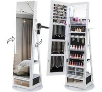 Armoire à bijoux - Armoire à glace - Rotation à 360° - Miroir en pied - Éclairage LED - Tiroir et support pour sèche-cheveux - Bois - Blanc