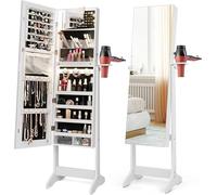 Armoire à bijoux avec éclairage LED tricolore, miroir avec miroir pleine longueur inclinable et miroir de maquillage rabattable, organisateur à bijoux avec support pour sèche-cheveux, compartiments et