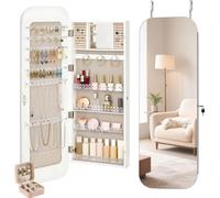Armoire à bijoux avec miroir en pied - Rangement suspendu pour bijoux - Hauteur : 108 cm - Fixation murale et sur porte - Verrouillable (2 clés) - Grand espace de rangement - Avec trousse de voyage -