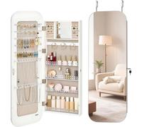 Armoire à bijoux avec miroir, hauteur 1080 mm, miroir pleine longueur avec rangement, fixation murale/au-dessus de la porte, design arrondi, verrouillable avec 2 clés et un organiseur de voyage, blanc