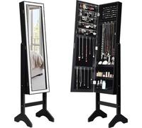 Armoire à bijoux avec miroir - Miroir pleine longueur sur pied - Rangement pour bijoux - Cadre en bois - Verre - Assemblage requis - Noir