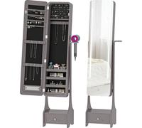 Armoire à bijoux avec miroir - Modèle sur pied - Miroir pleine longueur - Éclairage LED - Angle réglable - Arrêt automatique - Support pour sèche-cheveux - 37 x 30 x 158 cm - Gris