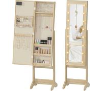 Armoire à bijoux avec miroir pleine longueur - Armoire à bijoux sur pied - Éclairage LED - Inclinaison réglable - Étagères et compartiments à bagues - 36 × 30 × 136 cm - Marron