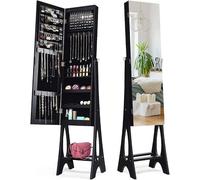 Armoire à bijoux avec miroir pleine longueur, miroir sur pied avec 12 LED, armoire à bijoux verrouillable et autoportante, organisateur à bijoux avec des espaces de rangement pour bracelets, colliers 