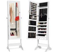 Armoire à bijoux - Avec miroir - Verrouillable - Bois - Porte-bagues et crochets pour colliers - Porte-boucles d'oreilles - Pour cosmétiques - Montage nécessaire - Blanc