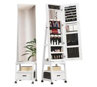 Armoire à bijoux avec porte miroir rabattable - Armoire à bijoux autoportante - Fermeture par clé - Plateau pivotant - Tiroir - MDF - 36 x 120 cm - Blanc