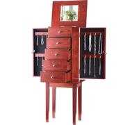 Armoire à bijoux, coffre de rangement en bois sur pied avec 4 tiroirs spacieux, miroir rabattable, 4 compartiments de rangement supérieurs, poignées en alliage de zinc, 2 portes latérales avec 16 croc