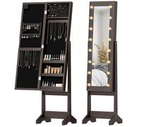 HOMCOM Armoire à Bijoux avec Miroir Multi-Rangements LED Marron Foncé | Armoire de Rangement sur Pieds, Boîte à Bijoux