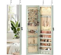 Armoire à bijoux - Miroir mural avec LED - Verrouillable avec clés - Fixation murale - Bois - 120 x 35,5 x 10 cm - Vert