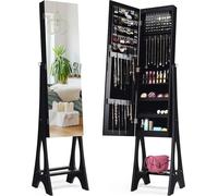 Armoire à bijoux - Miroir pleine longueur sur pied - Verrouillable - 2 en 1 avec rangement pour bijoux - 12 LED - Cadre en bois - Noir