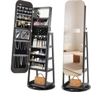 Armoire à bijoux pivotante à 360°, hauteur 1600 mm, miroir pleine longueur avec rangement, armoire à bijoux rotative sur pied, porte verrouillable avec 2 clés, pochettes pour accessoires et étagères d
