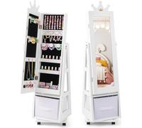 Armoire à bijoux pour enfants - Miroir pleine longueur sur pied - Bois - Socle pivotant - Roulettes verrouillables - Blanc