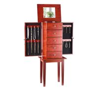 Armoire à bijoux SucceBuy, armoire de rangement en bois sur pied avec 3/4 tiroirs spacieux, miroir rabattable, 4 compartiments de rangement supérieurs 13x10x33.7 in