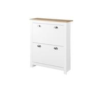 Armoire à chaussures 2 portes abattantes 2 compartiments poignées coquilles métal MDF blanc chêne clair