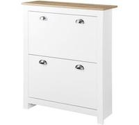 Armoire à chaussures 2 portes abattantes 2 compartiments poignées coquilles métal MDF blanc chêne clair Blanc G