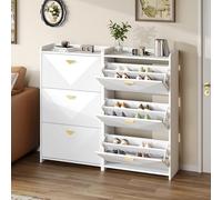 Armoire à chaussures avec 2 volets - 140 x 30 x 120 cm - Blanc - Avec 6 portes rabattables inférieures - Meuble à chaussures étroit - En bois - Largeur du boîtier réglable pour couloir, entrée et