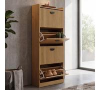 Armoire à chaussures HWC-O39, meuble à chaussures, 4 compartiments rabattables, MDF mélaminé, métal, 148 x 50 x 24 cm naturel