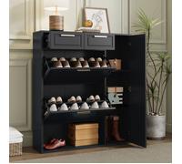Armoire à chaussures moderne noire - étagères ajustables, poignées dorées, tiroirs et portes rabattables 95×24×107 cm