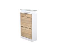 Armoire à chaussures organisateur de luxe pour chaussures 2 portes abattantes 2 compartiments, tiroir, étagère verre panneaux particules chêne blanc