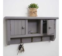 Armoire à clés HWC-A48, armoire à clés avec portes et crochets, bois massif gris