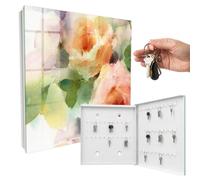 Armoire à clés Murale 30x30x5 cm Fleurs à l'aquarelle Porte Droite Blanc