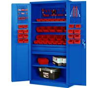 Armoire à outils Armoire d'atelier en métal avec tiroirs porte à charnières 3 étagères revêtement en poudre 185 cm x 92 cm x 50 cm, Couleur : Bleu