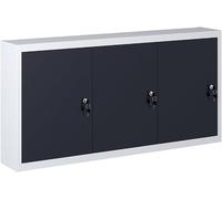 Armoire à outils en métal, fixable au mur, au design industriel, avec TROIS étagères réglables en hauteur et une plaque percée standard. Elle est équipée de TROIS portes verrouillables, chacune avec 2