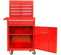 Armoire à outils mobile sur roulettes, avec 5 tiroirs et une capacité de charge de 100 kg, idéale pour un garage ou un atelier. Elle est équipée de plusieurs étagères réglables, d'une barre de fixatio