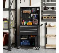 Armoire à outils mobile sur roulettes, avec panneau perforé, 3 tiroirs et un compartiment, en acier avec revêtement époxy, couleur noire | 69 x 33 x 133 cm | capacité jusqu'à 80 kg | 2 serrures