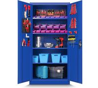 Armoire à outils TC01A Armoire d'atelier en tôle avec étagères Armoire de garage Paroi perforée 4 étagères Porte battante Tôle d'acier 185 cm x 92 cm x 50 cm, Couleur : Bleu