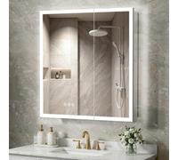 Armoire à pharmacie de 76,2 x 81,3 cm avec miroir, armoire à pharmacie éclairée par LED avec prise électrique et USB, intensité variable en continu, 3 couleurs et anti-buée, à brancher ou câblée