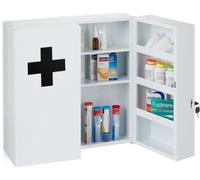 Armoire à pharmacie Relaxdays XXL, verrouillable, 11 compartiments, acier, L x l x H : 53,5 x 53 x 19 cm, armoire à pharmacie à 2 portes, blanc/noir