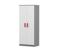 Armoire à portes battantes JONAS 06 - Armoire enfant 80 cm gris/blanc avec poignées rouges
