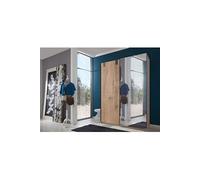 Armoire à portes coulissantes avec miroir en Imitation chene poutre, rechampis graphite - L135 x H198 x P64 cm --