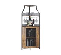 Armoire à Vin d'Angle , Cave à vin en bois avec table de travail , 5 Niveaux, Industrielle, Avec Porte-Verres et Porte En Treillis Métallique ,Meuble bar d'angle Pour Salon, Cuisine et Salle à Manger