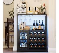 Armoire à Vin en bois et LED réglable,Meuble Bar à Vin avec 3 Porte-Verres,Casiers à 12 Bouteilles réglable,Plan de travail,Porte grille métal,2 étagère de Rangement pour Salon,Cuisine,Salle à Manger