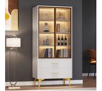 Armoire à vitrine - TKOPY - Vitrine Armoire avec LED - Vitrine haute avec 2 portes vitrées et 2 tiroir - 70x35x150cm - Blanc
