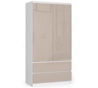 Armoire AKORD S90 Blanche 90 cm 2 portes 2 tiroirs façade Cappuccino Brillant 4 étagères 90x51x180 cm