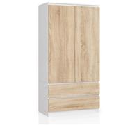 Armoire AKORD S90 Blanche 90 cm 2 portes 2 tiroirs façade Chêne Sonoma 4 étagères 90x51x180 cm