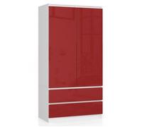Armoire AKORD S90 Blanche 90 cm 2 portes 2 tiroirs façade Rouge Brillante 4 étagères 90x51x180 cm