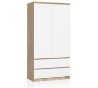 Armoire AKORD S90 Chêne Sonoma 90 cm 2 portes 2 tiroirs façade Blanche 4 étagères 90x51x180 cm