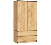 AKORD Armoire 2 Portes | Armoir Chambre 2 Tiroirs avec Etagères et Une Tringle | 90x180x51 cm | Panneau Stratifié 16mm | Armoire sans Penderie Chambre | Dressing Rangement Placard | Chêne Artisanal