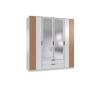 Armoire avec corniche, meuble de rangement + 2 miroirs coloris blanc, rechampis imitation chêne artisan - Longueur 180 x Hauteur 199 x Profondeur 58