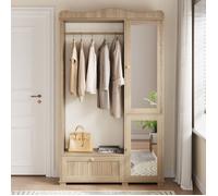 Armoire avec Miroir et Porte-vêtements Ouvert, Rangement Pratique avec Tiroir et 2 Portes, Pour Couloir et Chambre, Entrée, Chêne