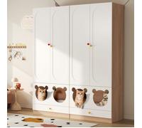 Armoire avec penderie, étagères ouvertes et niche pour chat - BEAUNIV - MDF laqué blanc et bois, chambre, 80×50×200 cm