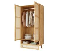 Armoire avec Tringle, Armoire à 2 portes, Filet en Rotin, avec Couvercle Rabattable Inférieur, Panneaux de Particules + Rotin PE