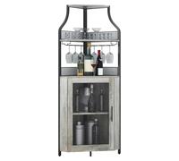 Armoire-bar - Armoire à vin autoportante avec 5 étagères - Portes et supports à verres - Étagère réglable - Système de sécurité anti-basculement - Bois - Gris