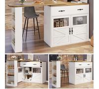 Armoire Bar avec 2 Tiroir et 2 Portes 138-204 cm Blanc - Meuble de Bar avec Table Extensible Rotative 360° avec Étagère Latérales