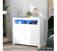 Armoire Bas Buffet Salon à LED éclairage - 2 Portes Compartiment Ouvert - 108x40x92cm -Meuble d'entrée Blanc Brillant