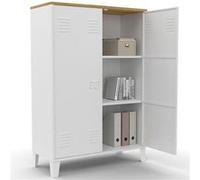 Armoire basse ESTER 2 portes métal blanc et plateau bois design industriel